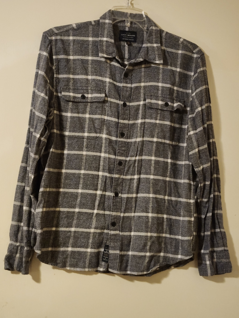 Lucky Brand Saturday Stretch Plaid Flannel Button Down Gray & White Large